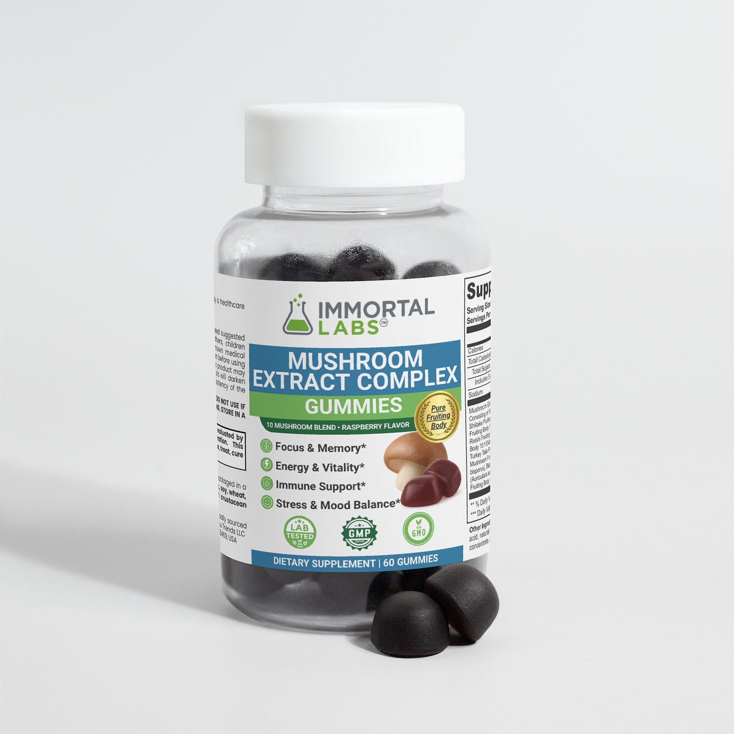 IMMORTAL LABS Mushroom Extract Complex Gummies with 10 Essential Mushrooms Supplement Fitness Edible